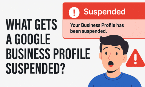 Red Google Business Profile suspension warning banner with user confusion or alert icon